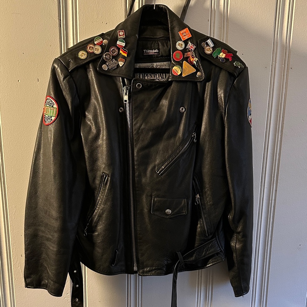 Vintage motorcycle leather - world travel Pins & Patches “super unique”